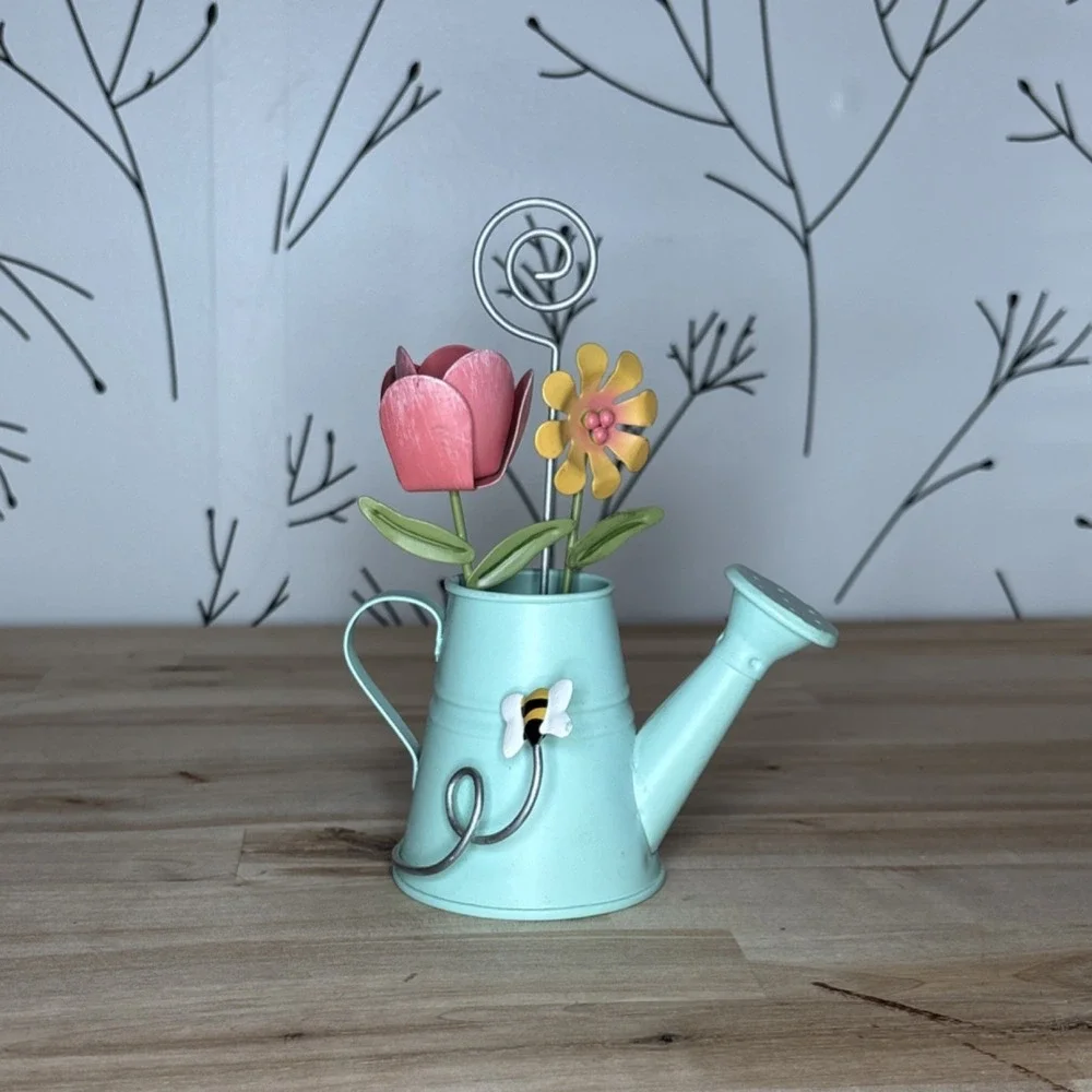 Watering‎ Can Photo Holder Flowers Bee Whimsical Mint Green